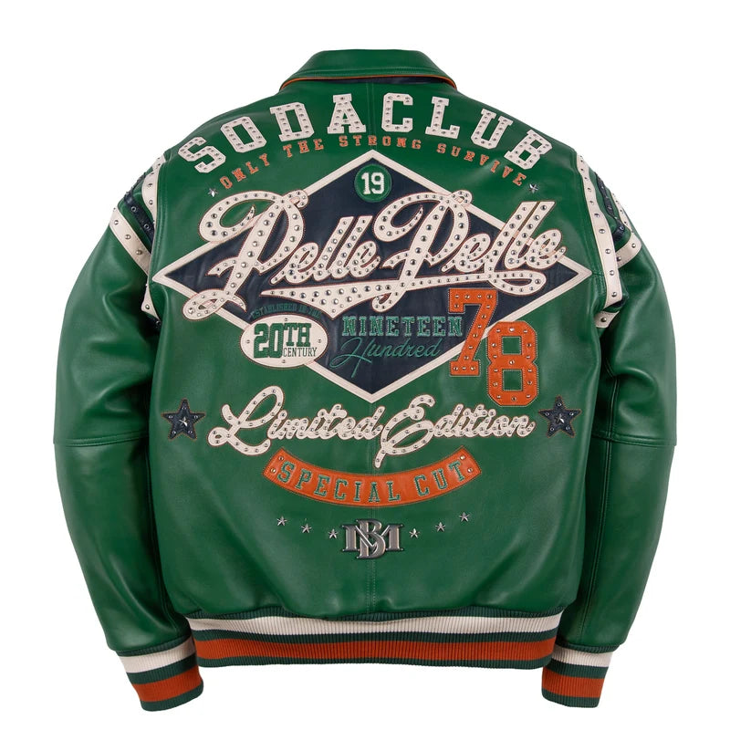 Back view of the green Pelle Pelle Soda Club 78 jacket featuring oversized lettering, studded graphics and orange accents