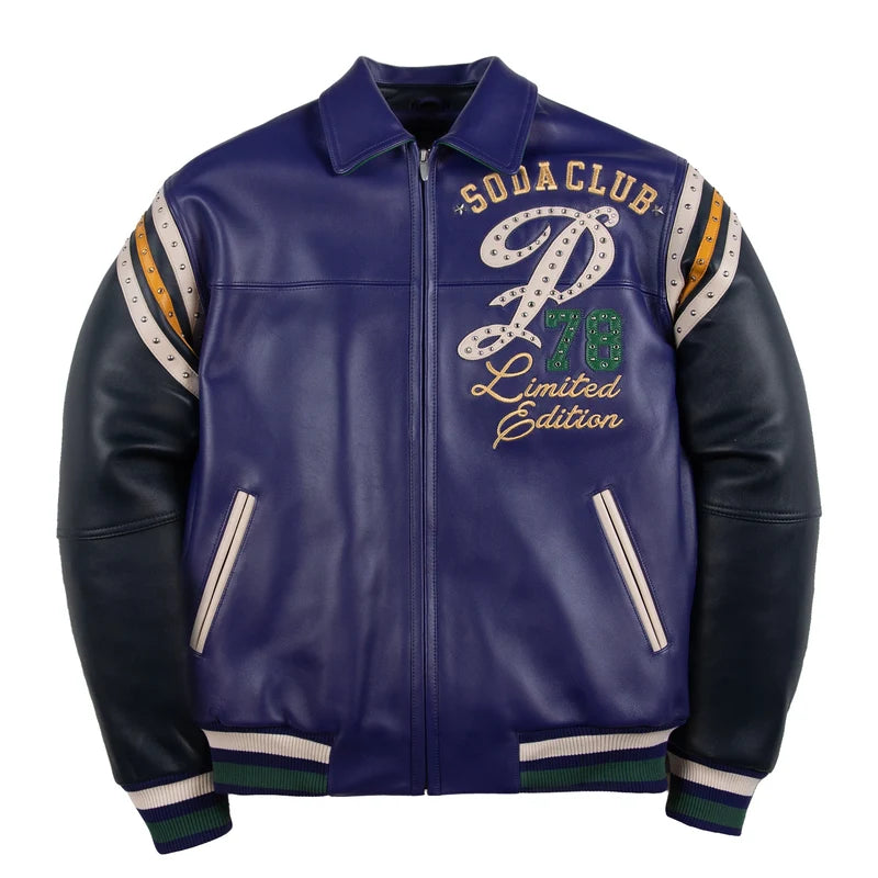 Front view of the purple Pelle Pelle Only The Strong jacket with studded chest graphics, black sleeves, angled pockets and a front zipper.