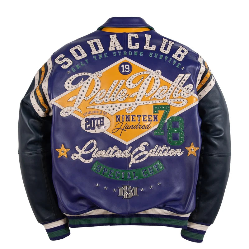  Back view of a purple Pelle Pelle Soda Club 78 jacket featuring oversized decorative lettering, a yellow graphic panel and green accents.