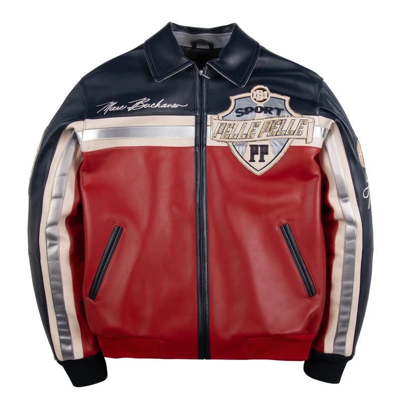 Front view of Pelle Pelle USA jacket with red and white panels, black collar, decorative chest patches and zip closure.