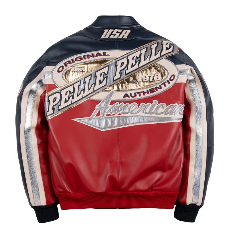 Pelle Pelle USA jacket with oversized back lettering, red body panel, silver accents and American-inspired graphics.