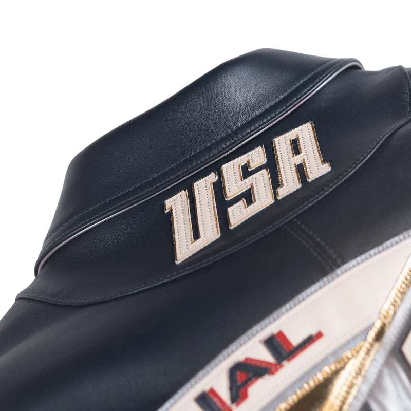 Pelle Pelle USA jacket collar featuring USA lettering and contrasting decorative stitching.