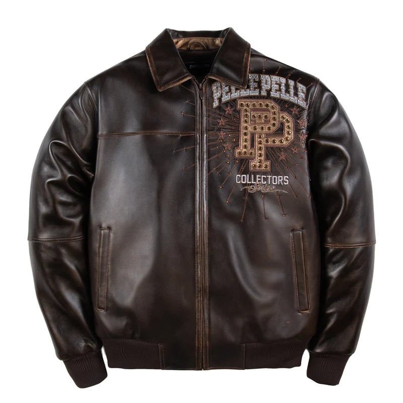 Front view of the Pelle Pelle World Tour Icon Jacket in brown with a large decorative P emblem, studded lettering, front pockets and a zip closure.