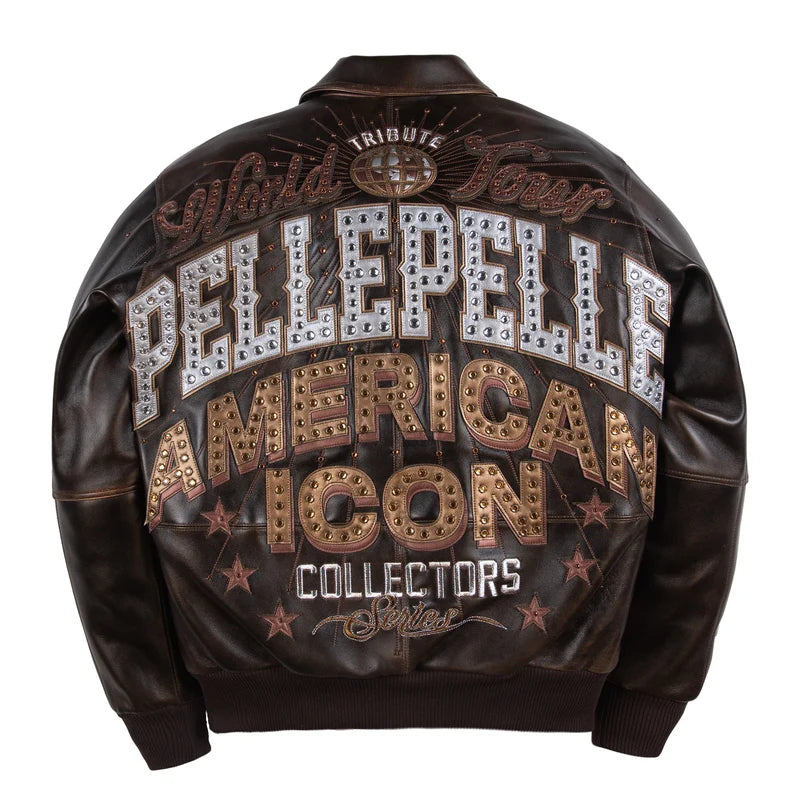 Back view of the Pelle Pelle World Tour Icon Jacket in dark brown with oversized American Icon Collectors lettering, metallic-look details and decorative studs.