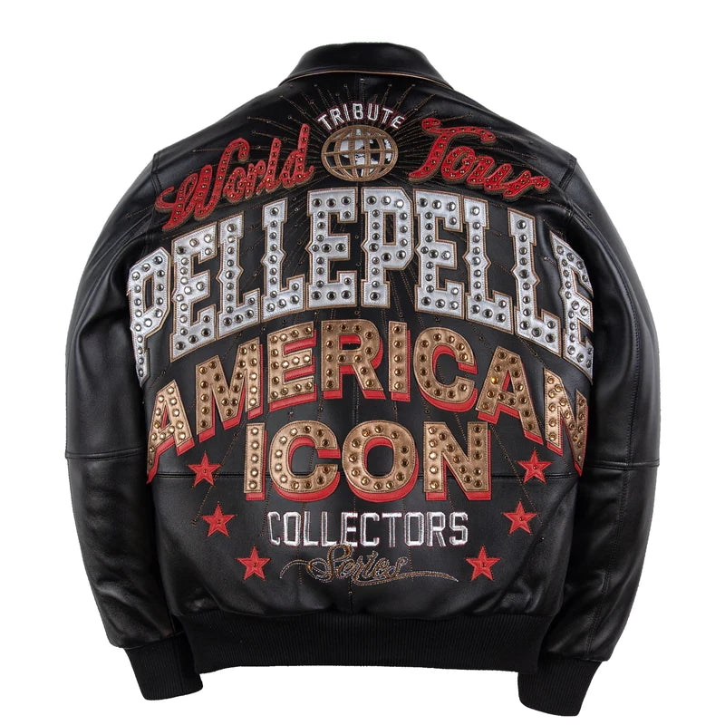 Pelle Pelle American Icon black jacket back view with large metallic-style lettering, red stars, and collectors series artwork