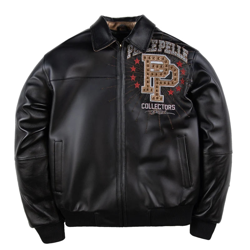 Pelle Pelle American Icon black jacket front view with decorative P emblem, metallic-style chest lettering, and red star accents