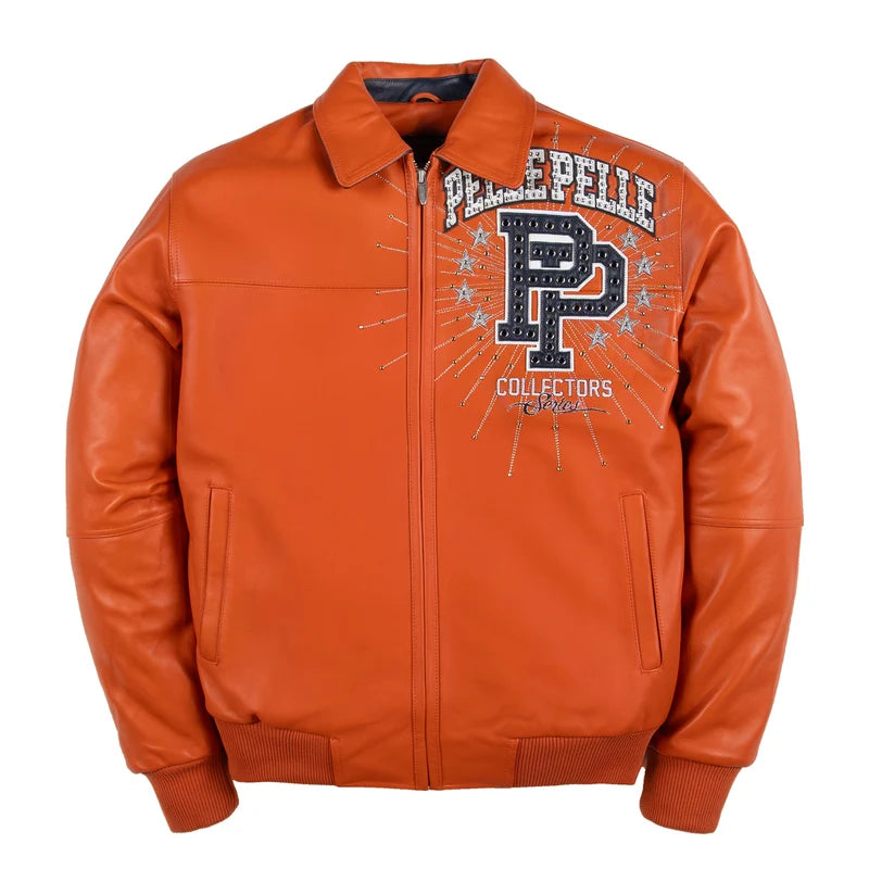 Pelle Pelle World Tour Icon black and silver jacket front view with decorative silver P emblem, star details, and full-length zipper