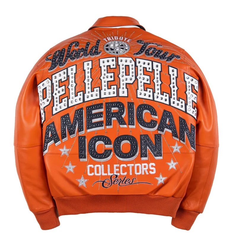Pelle Pelle World Tour Icon black jacket back view with silver American Icon lettering, decorative stars, and Collectors Series artwork
