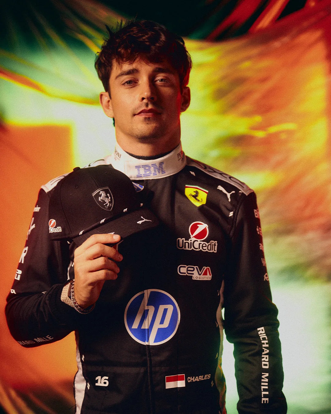 2026 Charles Leclerc Ferrari style black F1 racing suit with racing shoes