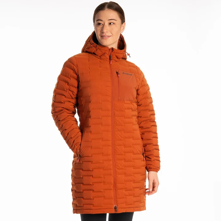 Luna Stretch Down Parka Picante orange quilted detail and front zipper