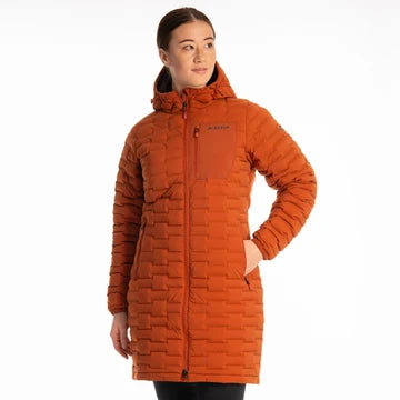Women's Luna Stretch Down Parka orange hooded coat front view