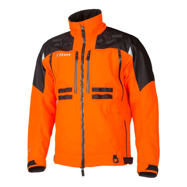 1. Orange technical jacket front view with multiple zippered pockets