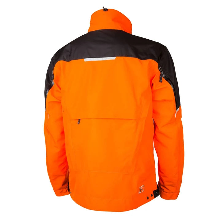 Orange technical riding jacket back view with black shoulder panels