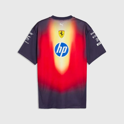 Sports jersey with HP logo and Ferrari emblem on a gradient background