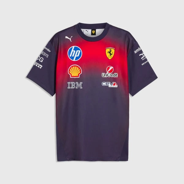 Navy and red sports jersey with various sponsor logos on a light gray background