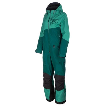 KLIM Shredsa One-Piece women's snowmobile suit in Rain Forest Fir with two-tone green panels and black detailing