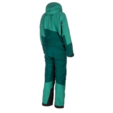 KLIM Shredsa One-Piece women's snowmobile suit in Rain Forest Fir with two-tone green panels and black detailing