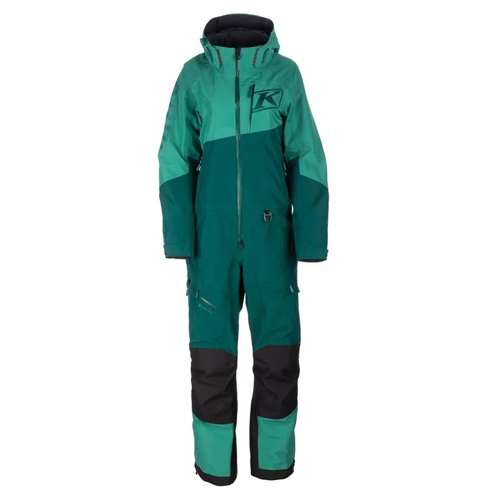 KLIM Shredsa One-Piece women's snowmobile suit in Rain Forest Fir with two-tone green panels and black detailing