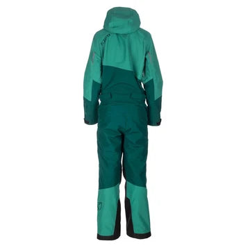 KLIM Shredsa One-Piece women's snowmobile suit in Rain Forest Fir with two-tone green panels and black detailing