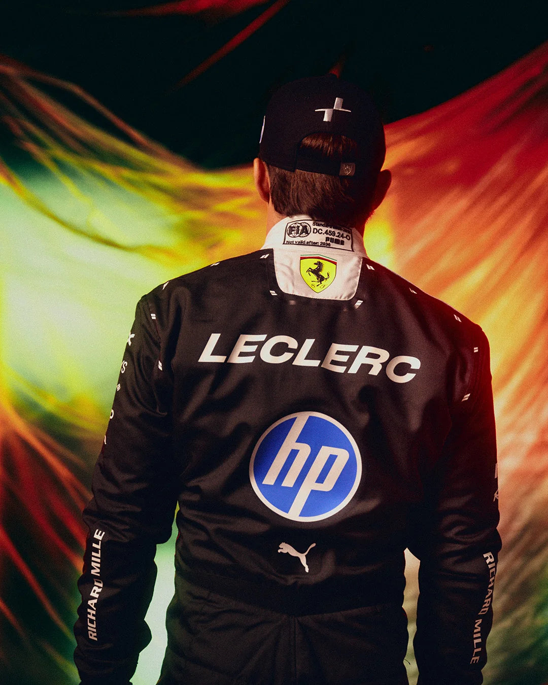 2026 Ferrari style F1 racing suit back view with Leclerc name
