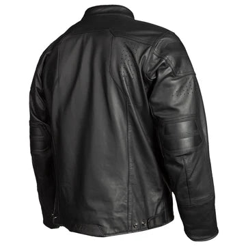 Sixxer black leather jacket angled rear view