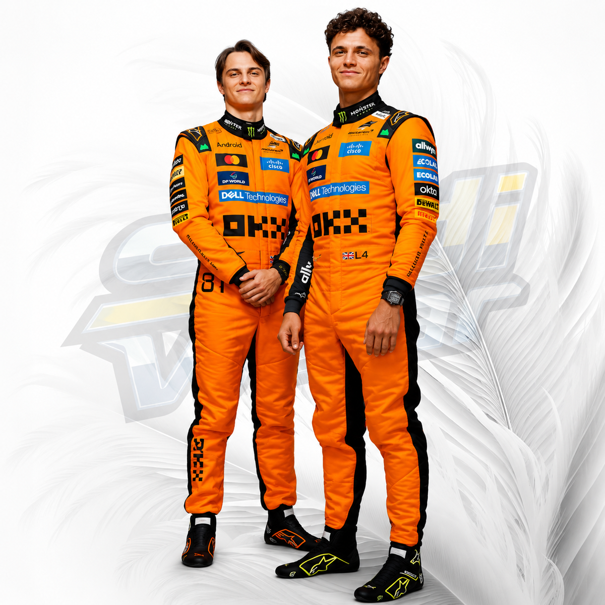 Two race drivers in matching bright orange McLaren racing suits with black and white checkered details, standing against a white background with a faint stylized logo.