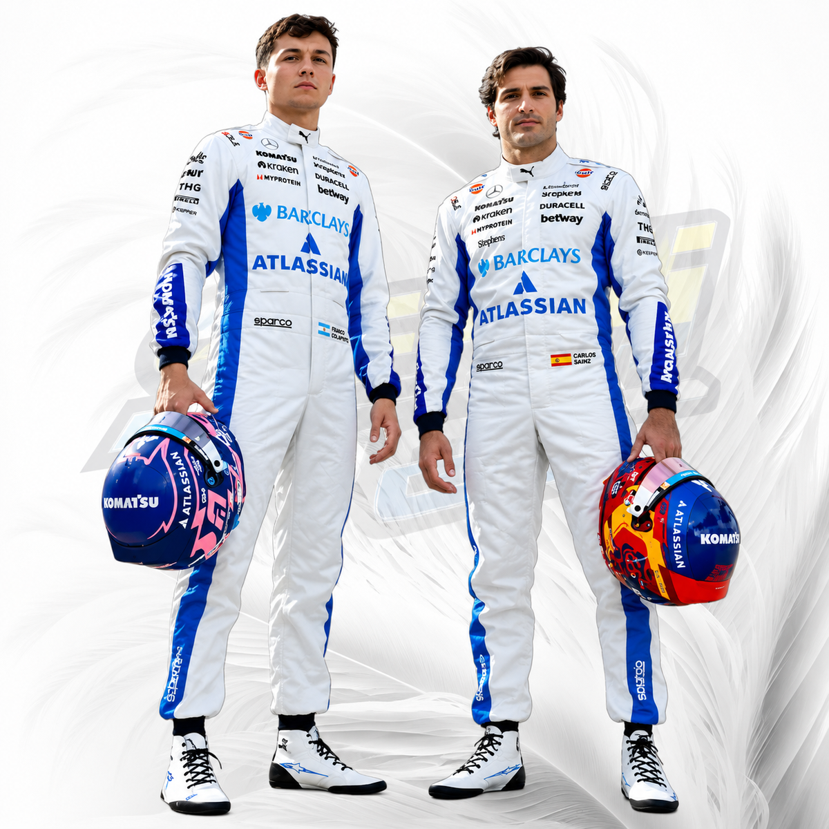 Two race drivers standing side by side in white and blue McLaren F1 Team racing suits, holding blue, pink, and red Komiatsu helmets. The background is a clean white studio backdrop with subtle graphic swirls.