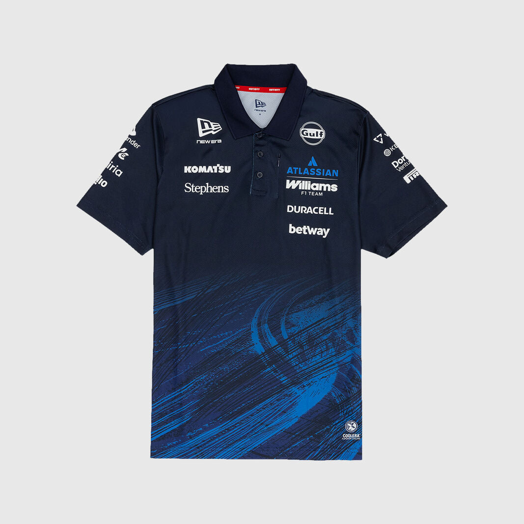 Navy blue polo shirt with various sponsor logos on a light gray background