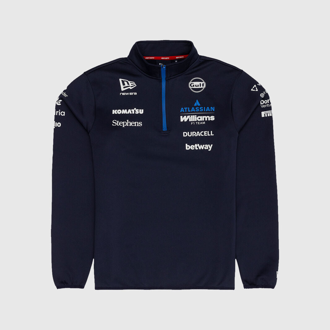 Navy blue sweatshirt with various brand logos on a light gray background