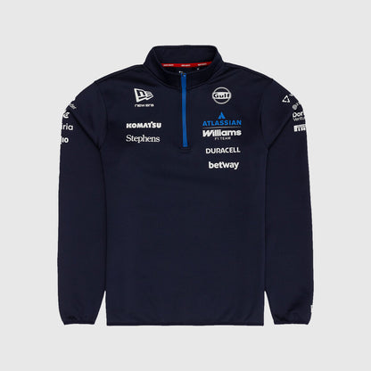 Navy blue sweatshirt with various brand logos on a light gray background