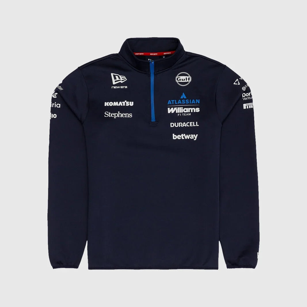 Navy blue sweatshirt with various brand logos on a light gray background
