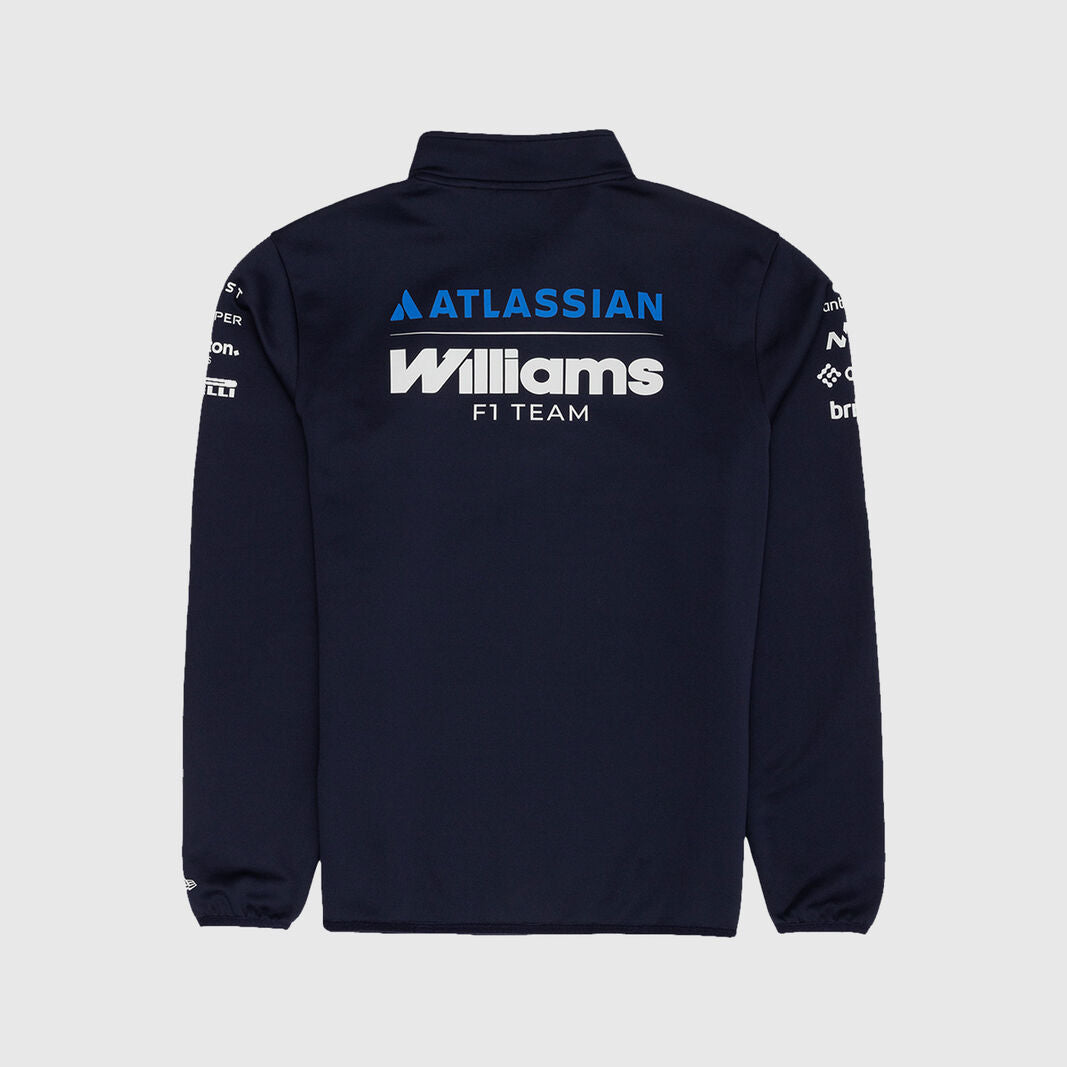 Navy jacket with Atlassian and Williams F1 Team logos on a light gray background