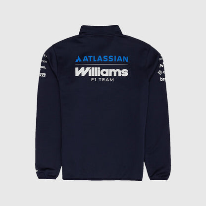 Navy jacket with Atlassian and Williams F1 Team logos on a light gray background