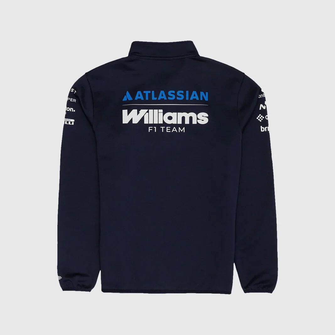 Navy jacket with Atlassian and Williams F1 Team logos on a light gray background