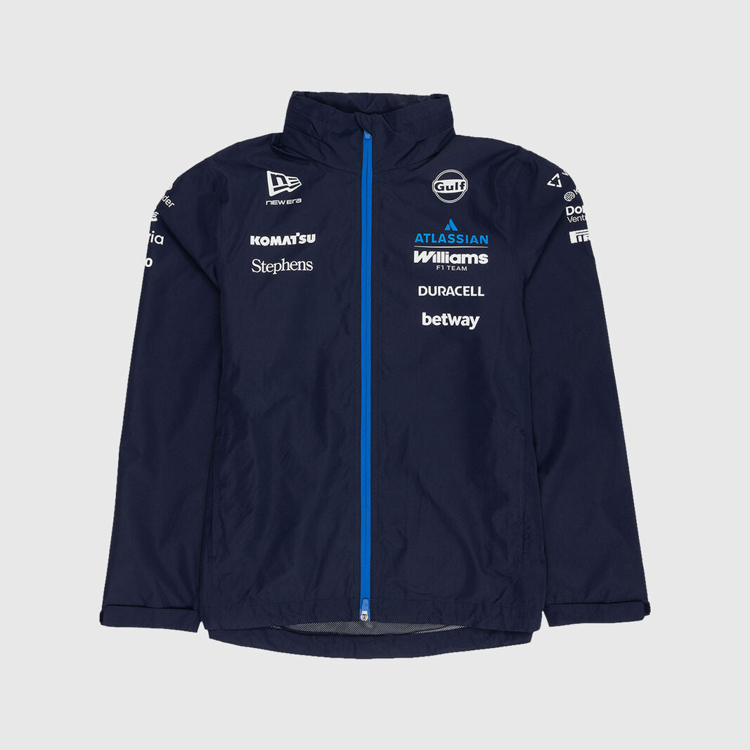 A navy blue Mercedes-AMG F1 team jacket with a bright blue zipper, featuring sponsor logos such as Williams, Duracell, and betway on the front, set against a light gray background.