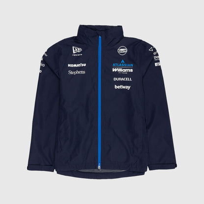 A navy blue Mercedes-AMG F1 team jacket with a bright blue zipper, featuring sponsor logos such as Williams, Duracell, and betway on the front, set against a light gray background.