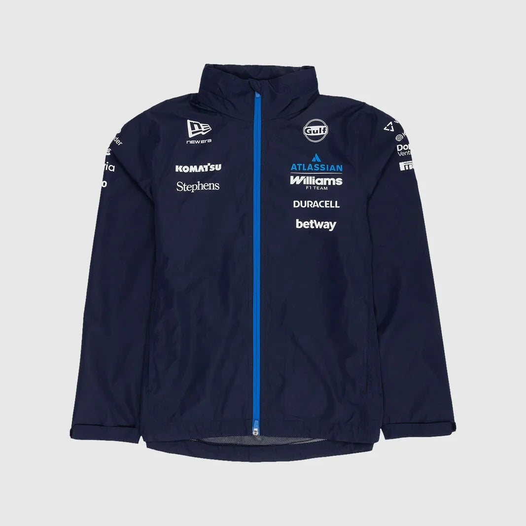 A navy blue Mercedes-AMG F1 team jacket with a bright blue zipper, featuring sponsor logos such as Williams, Duracell, and betway on the front, set against a light gray background.