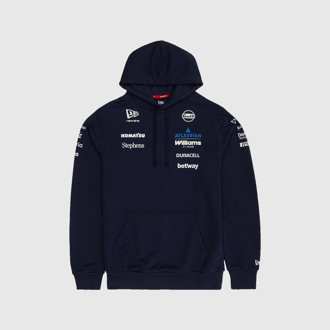 A navy blue hooded sweatshirt with multiple sponsor logos printed on the chest and sleeves, displayed against a light gray background.