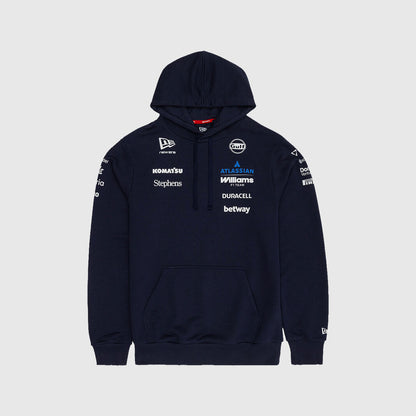 A navy blue hooded sweatshirt with multiple sponsor logos printed on the chest and sleeves, displayed against a light gray background.