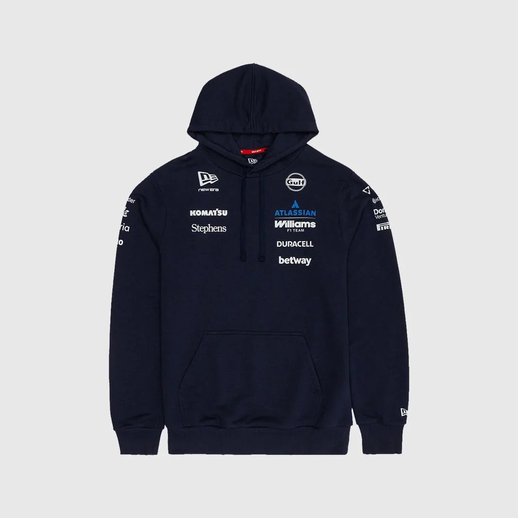 A navy blue hooded sweatshirt with multiple sponsor logos printed on the chest and sleeves, displayed against a light gray background.