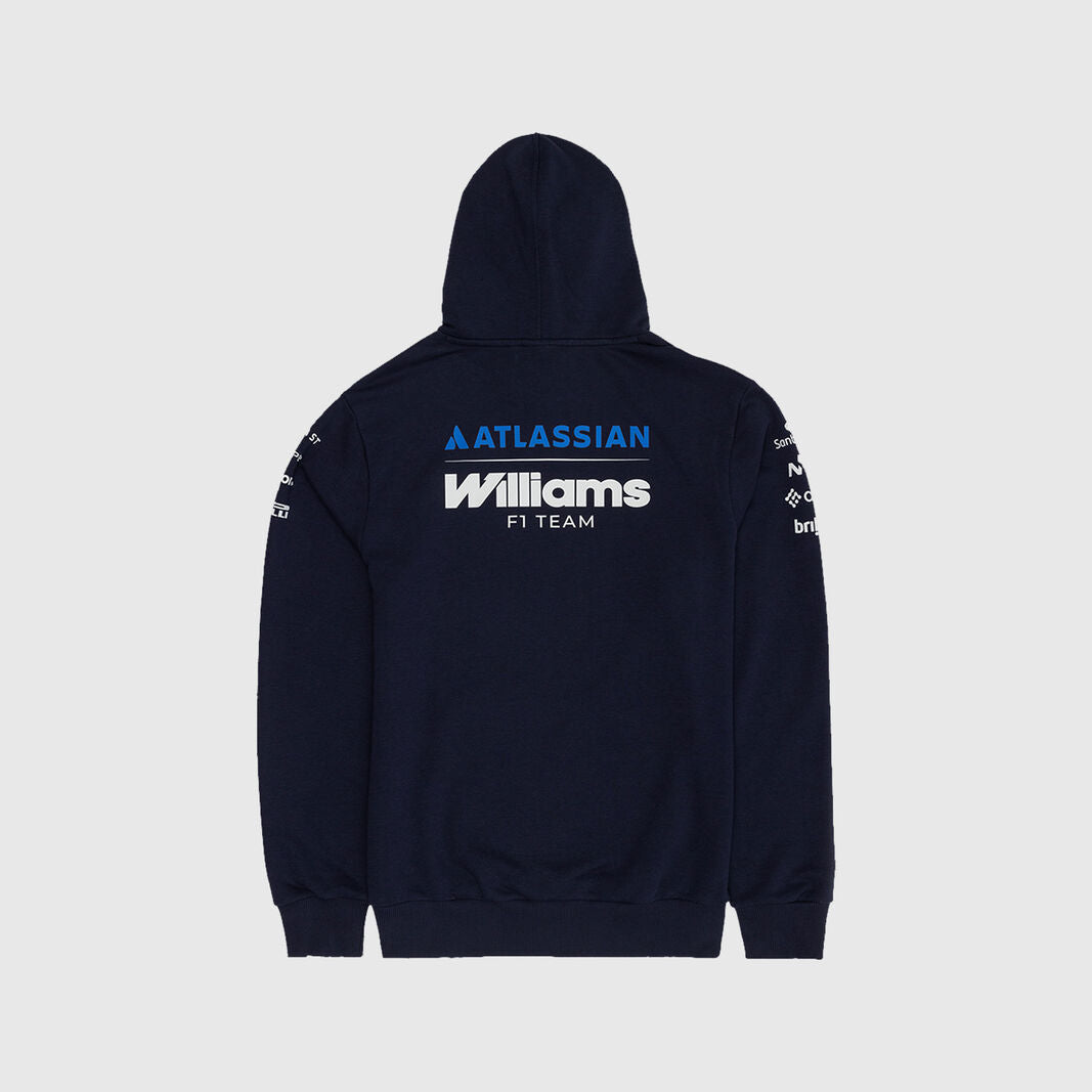 A navy blue hooded sweatshirt shown from the back, featuring 'ATLASSIAN' in blue and 'Williams F1 TEAM' in white on the back, with sponsor logos printed down both sleeves, set against a light gray background.