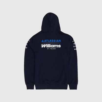 A navy blue hooded sweatshirt shown from the back, featuring 'ATLASSIAN' in blue and 'Williams F1 TEAM' in white on the back, with sponsor logos printed down both sleeves, set against a light gray background.