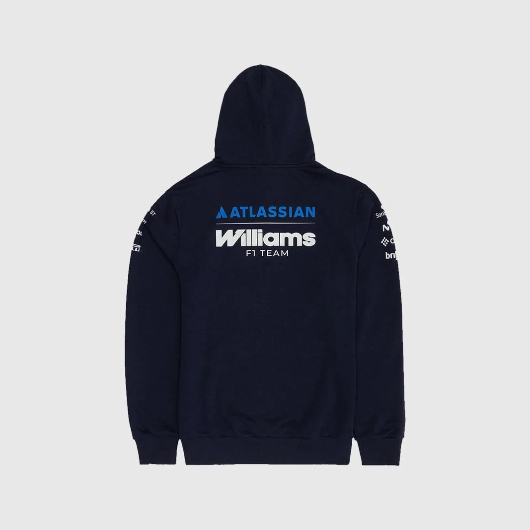 A navy blue hooded sweatshirt shown from the back, featuring 'ATLASSIAN' in blue and 'Williams F1 TEAM' in white on the back, with sponsor logos printed down both sleeves, set against a light gray background.
