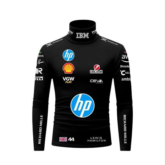 Front view of black Lewis Hamilton inspired racing bodysuit with colorful motorsport graphics and high-neck collar
