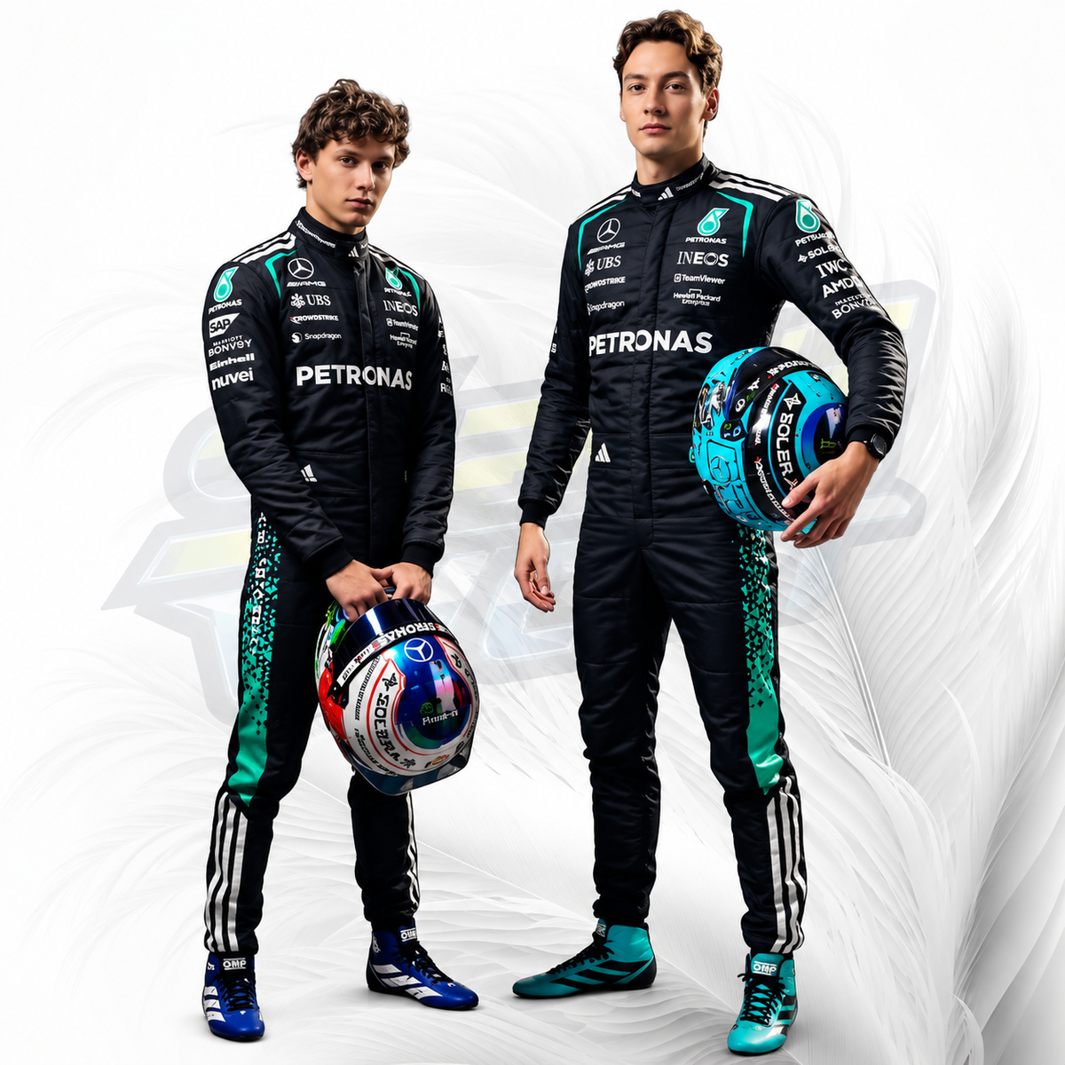Two Formula 1 drivers in matching black Mercedes Petronas racing suits, holding helmets, posed against a white background with a subtle gray graphic overlay.