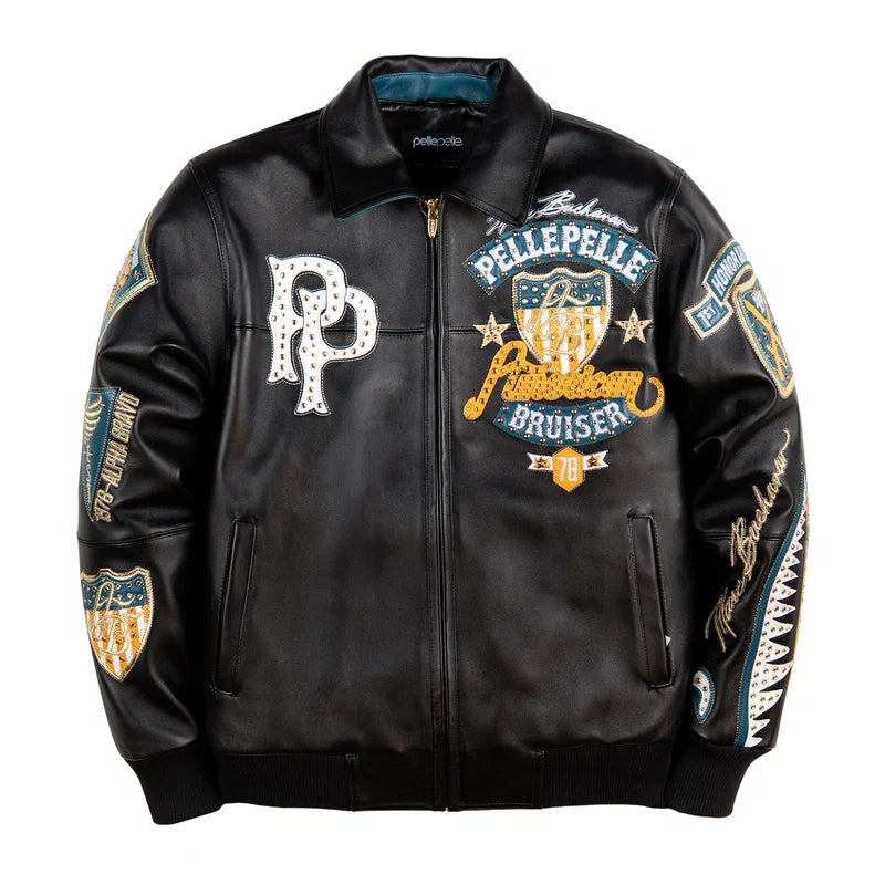Front view of a black Pelle Pelle American Bruiser graphic jacket with a PP emblem, gold and teal chest artwork, sleeve patches, and a full-length zipper