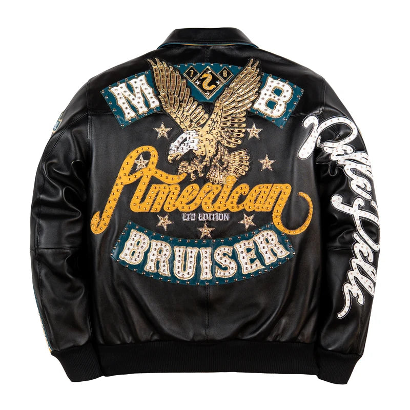 Back view of a black Pelle Pelle American Bruiser jacket featuring a large eagle graphic, gold lettering, teal panels, and decorative star details