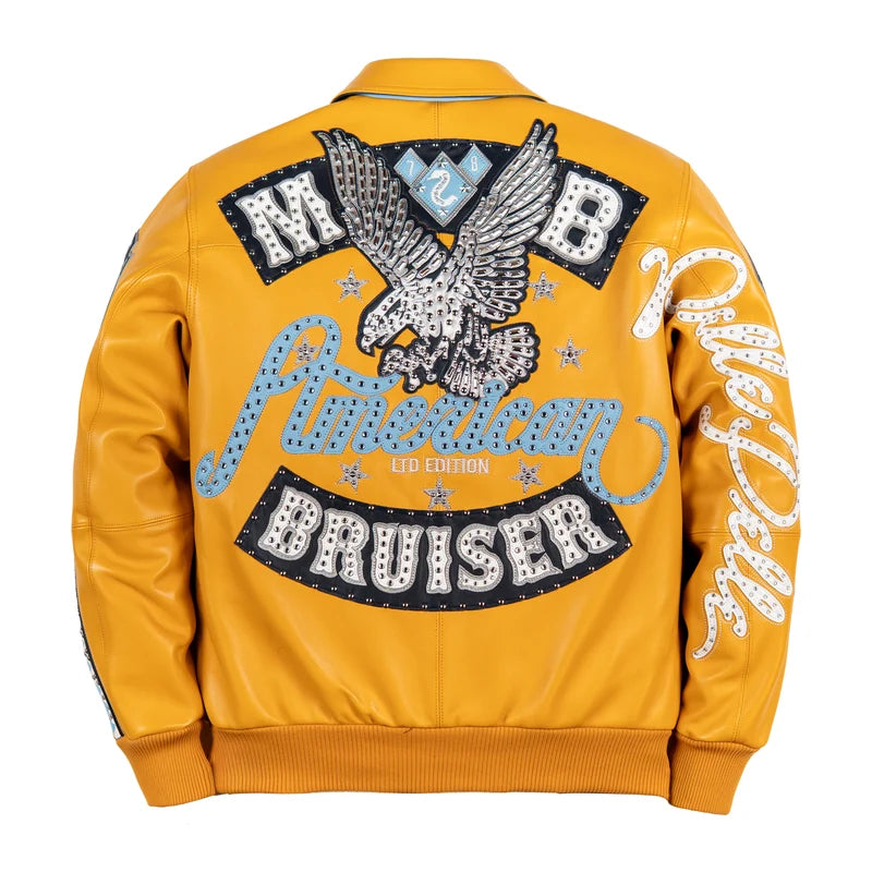 Back view of yellow Pelle Pelle American Bruiser Plush Jacket featuring oversized eagle artwork, light blue script, black graphic panels and decorative lettering