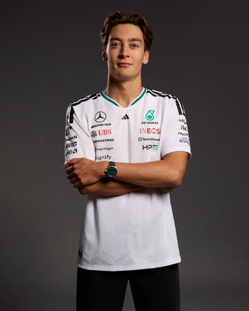 White Mercedes-inspired F1 racing T-shirt worn for a motorsport-inspired look