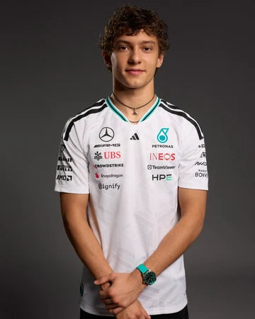 White Mercedes-inspired F1 racing T-shirt worn for a motorsport-inspired look